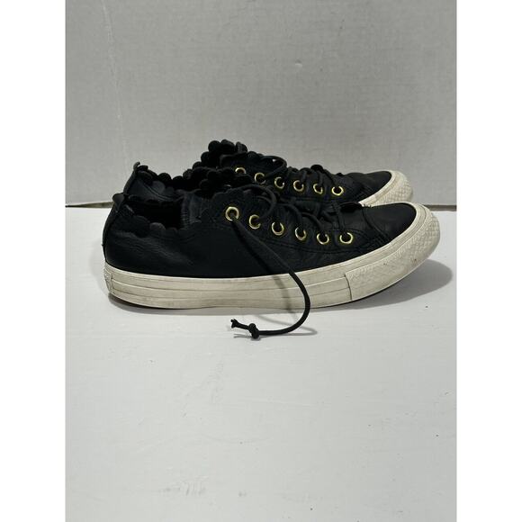 CONVERSE CT All Star Ox Womens Sz 7 Frilly Thrills Black Leather Scalloped Shoes - Picture 2 of 10